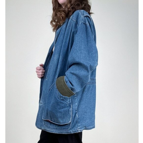 Vintage Denim Barn Coat Field Farm Utility Jean Jacket Oversized Plaid Americana - Picture 4 of 10